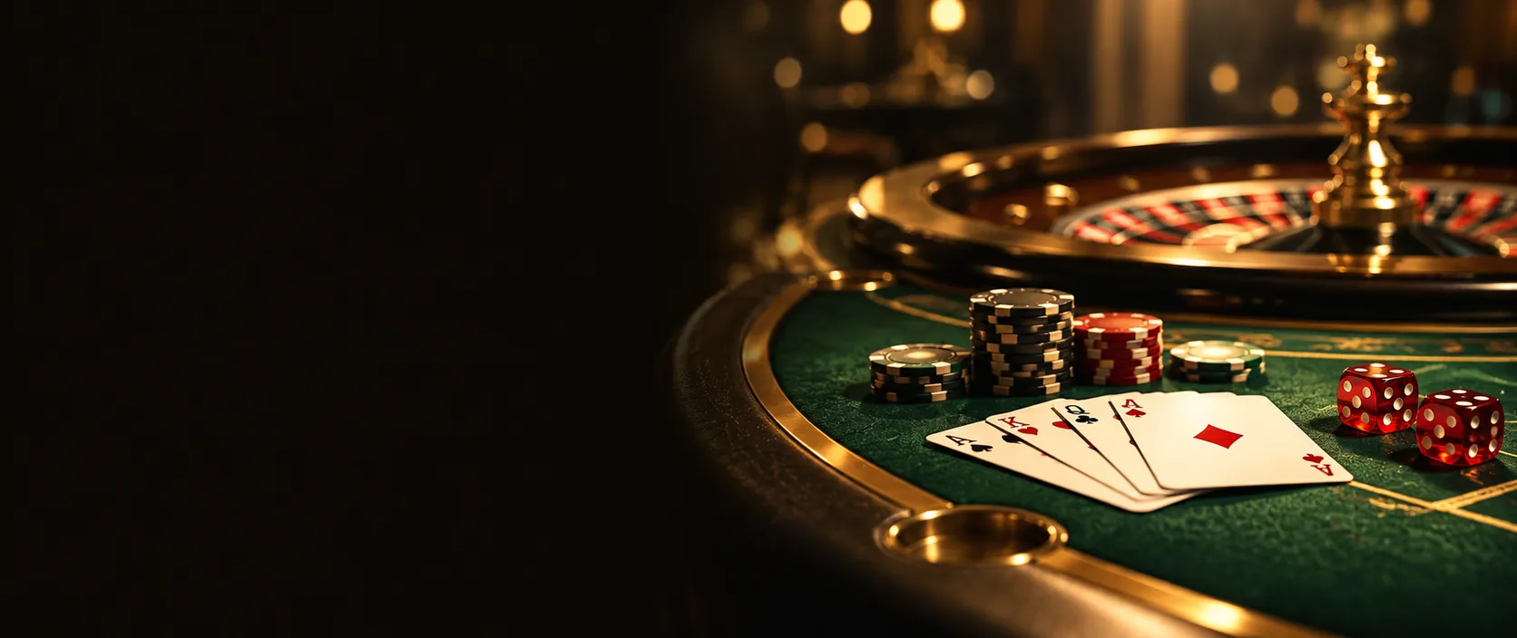 Mesa de casino con ruleta, fichas, cartas y dados